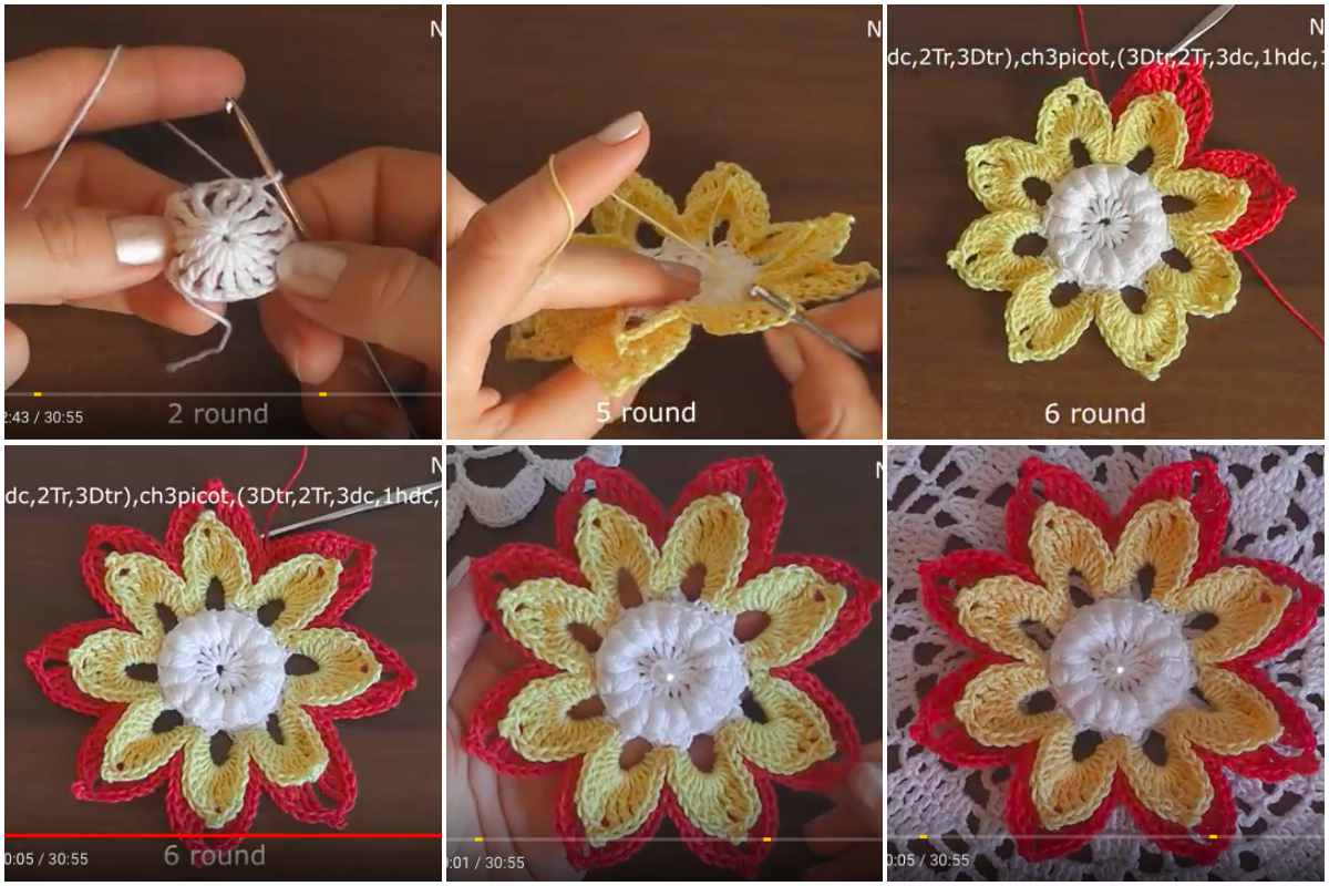 Step-by-step images illustrate crocheting a vibrant 3D flower motif, transitioning from a white center to striking red and yellow petals.