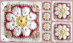 This African flower square features a vibrant crochet pattern with floral designs in red, white, yellow, and beige, beautifully arranged alongside a series of identical smaller squares.
