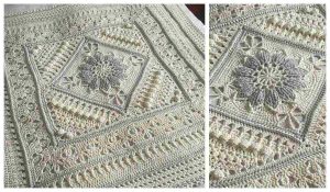 Discover the charm of a detailed crochet blanket in light green and gray, reminiscent of Charlotte's Sunshine Baby. It features a floral pattern and intricate border designs, all crafted as part of a free crochet pattern using large square motifs.