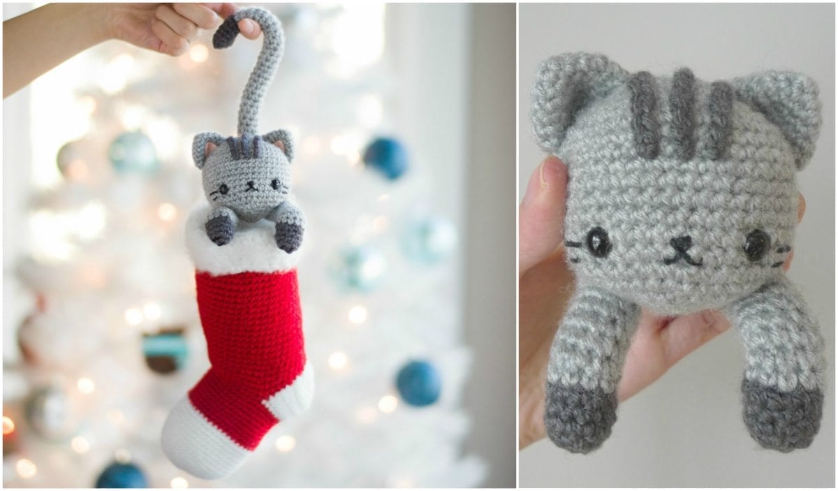 Chester, the crocheted gray cat toy, is held in hand while a Christmas Cat peeks from a red and white holiday stocking. The background features a beautifully decorated Christmas tree.