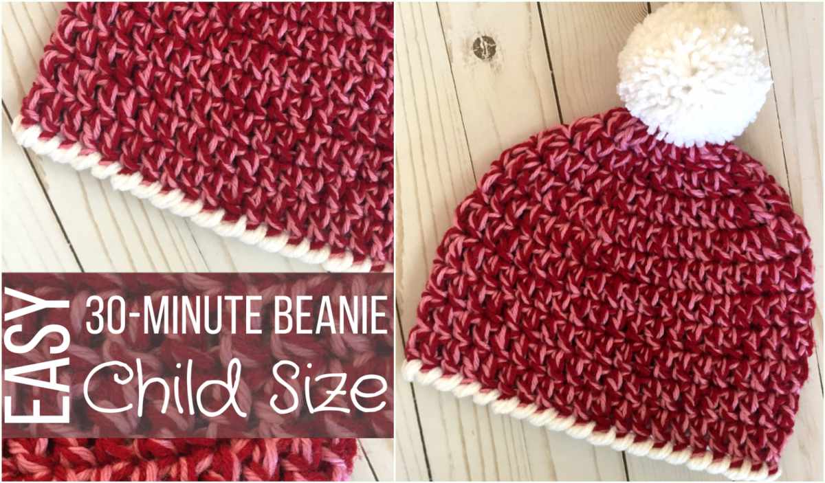 This charming red and white beanie, topped with a pom-pom, is designed as an easy child-size crochet pattern that can be completed in just 30 minutes.