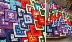 A vibrant crochet couverture blanket with overlapping geometric square patterns in various bright colors is beautifully displayed on a couch.