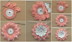 This crochet tutorial guides you step-by-step through creating a beautiful layered flower motif using pink and white yarn.