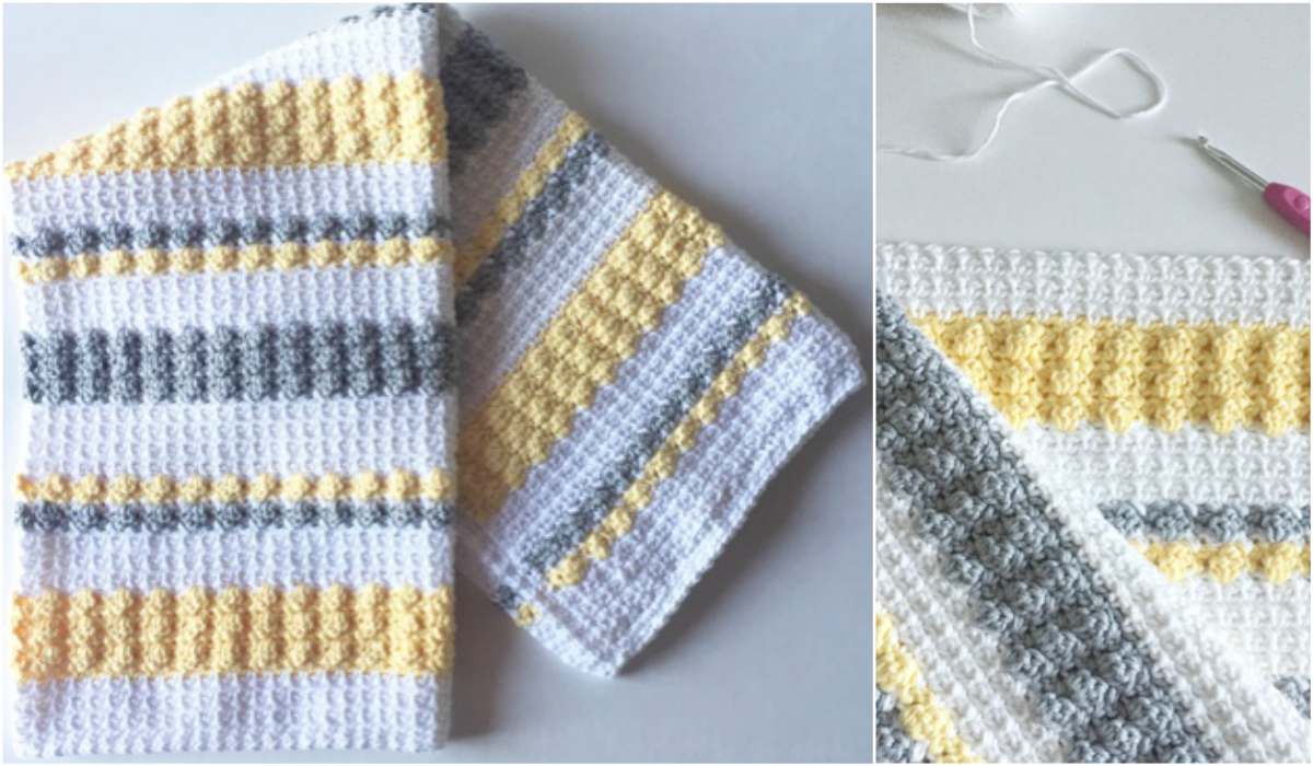 Crochet Blanket with yellow, gray, and white stripes, featuring the Bobble and Mesh Stitch. It's shown folded on the left and partially completed with a crochet hook on the right.