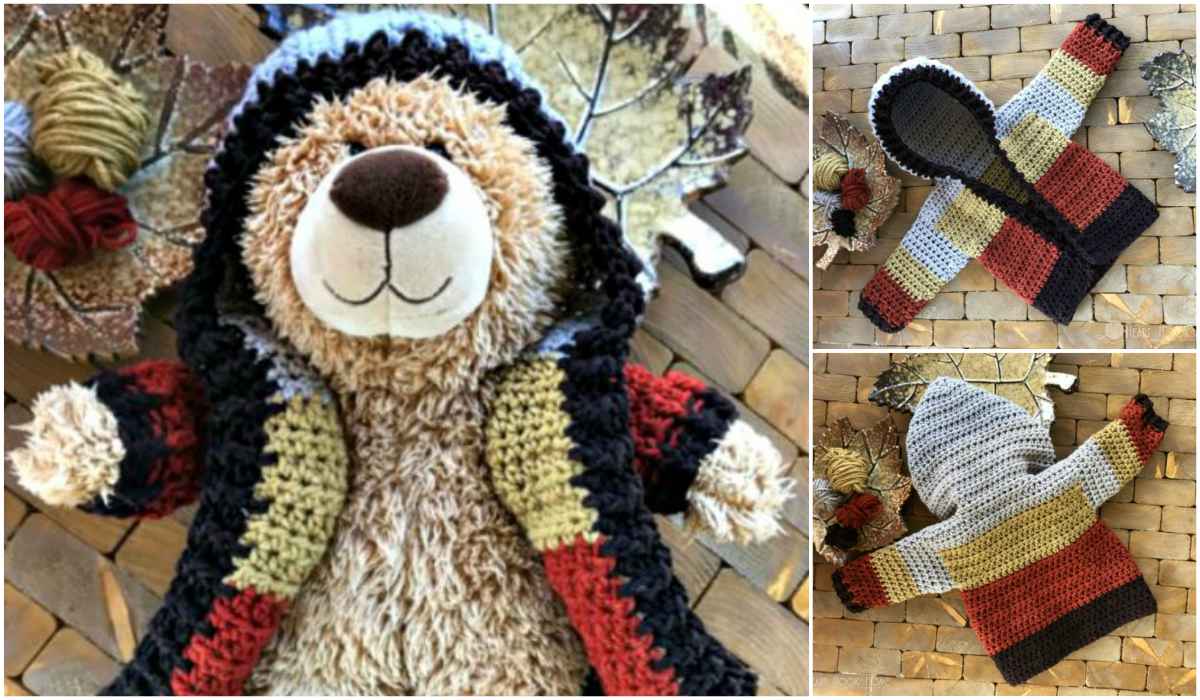 A teddy bear wearing a multicolored knitted hoodie with black, red, yellow, and gray stripes is displayed next to similar free pattern hoodies laid out separately. Knitting materials are visible in the background.