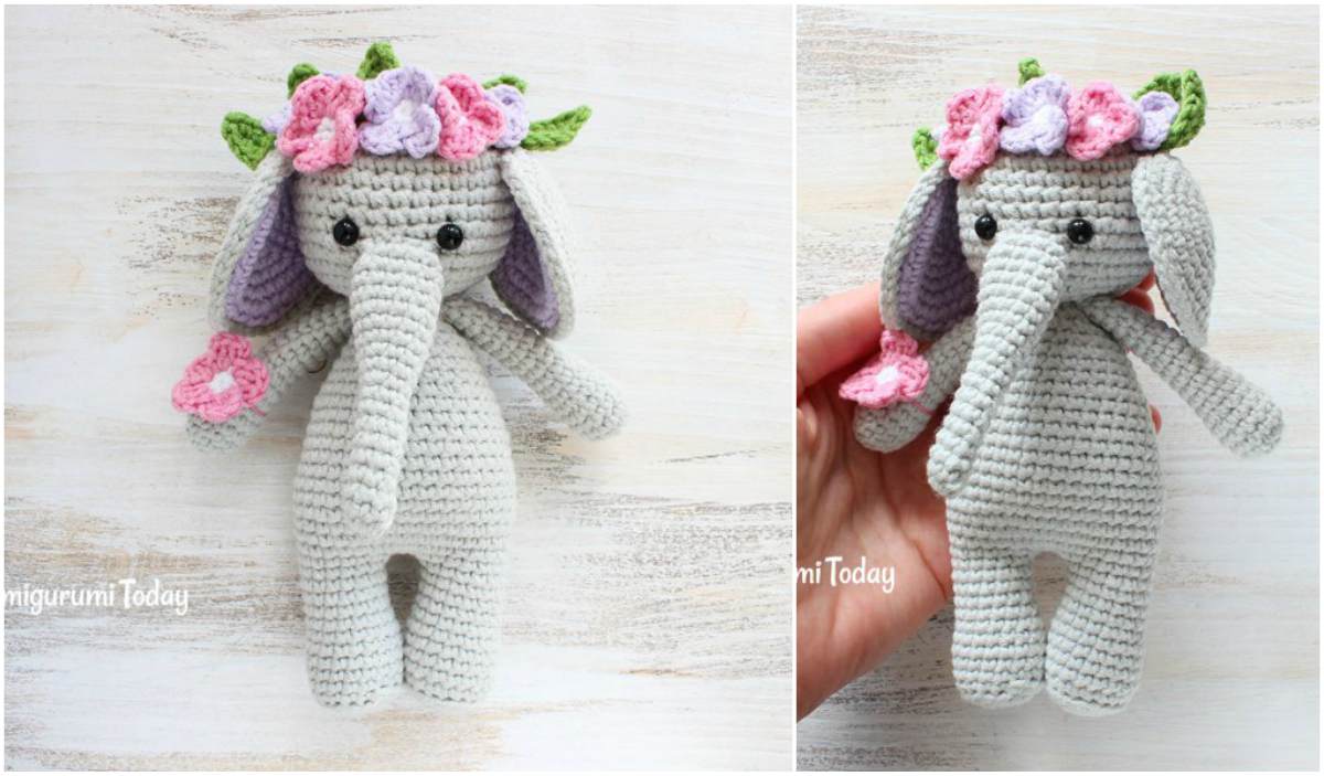 A charming amigurumi Cuddle Me Elephant adorned with a pink and green floral headband, showcased in two perspectives on a pristine white background.