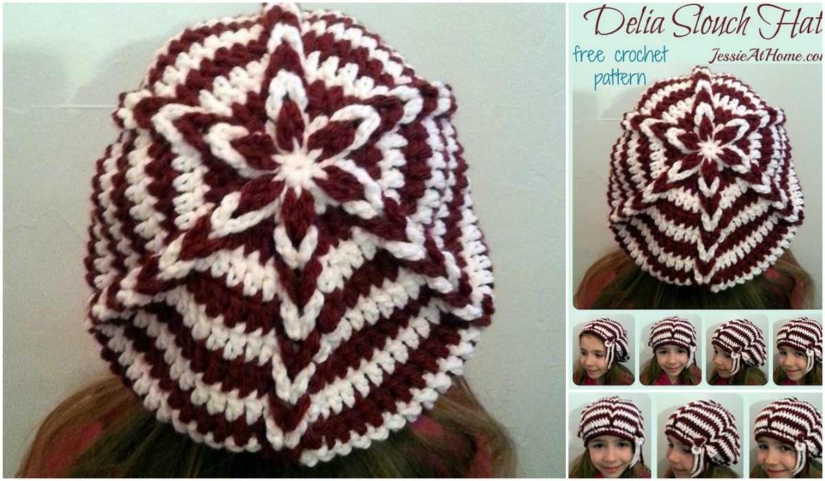 Crocheted slouch hat with star pattern in burgundy and white. Images show a woman modeling the Delia Slouch Hat from various angles. Text reads: "Delia Slouch Hat, free crochet pattern.