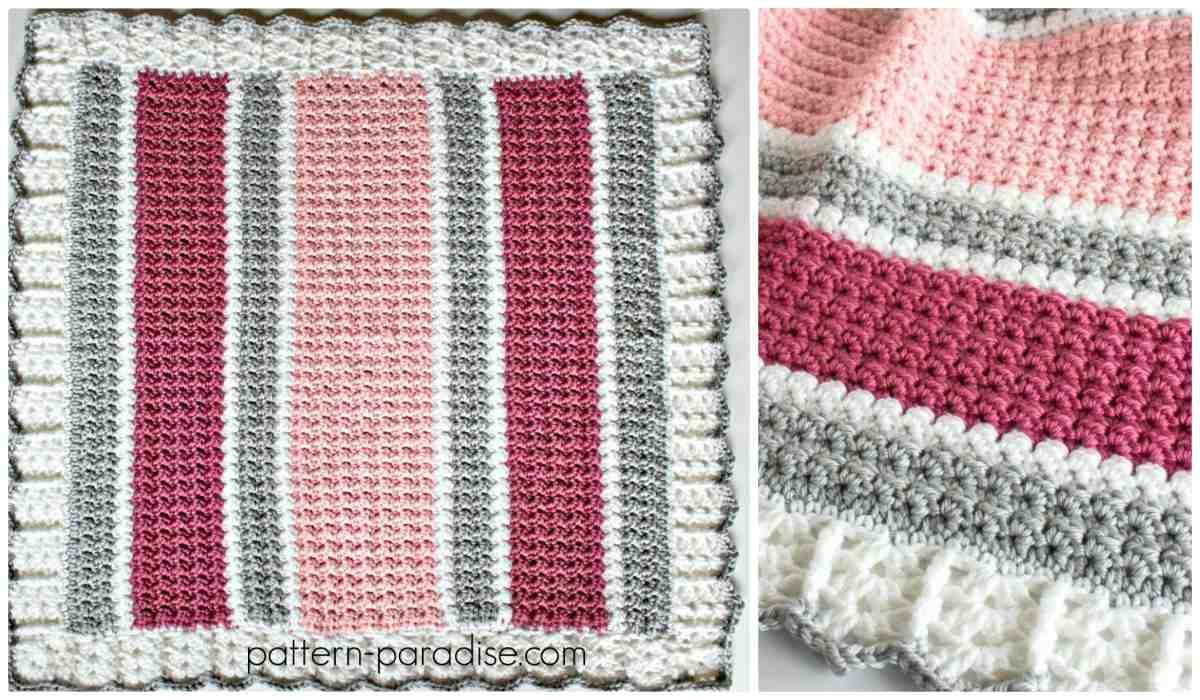 This crocheted baby blanket features vertical pink, white, and gray stripes with a scalloped border, making it one of the essentials for any nursery. Keep cozy while following the free crochet pattern to create your own version.