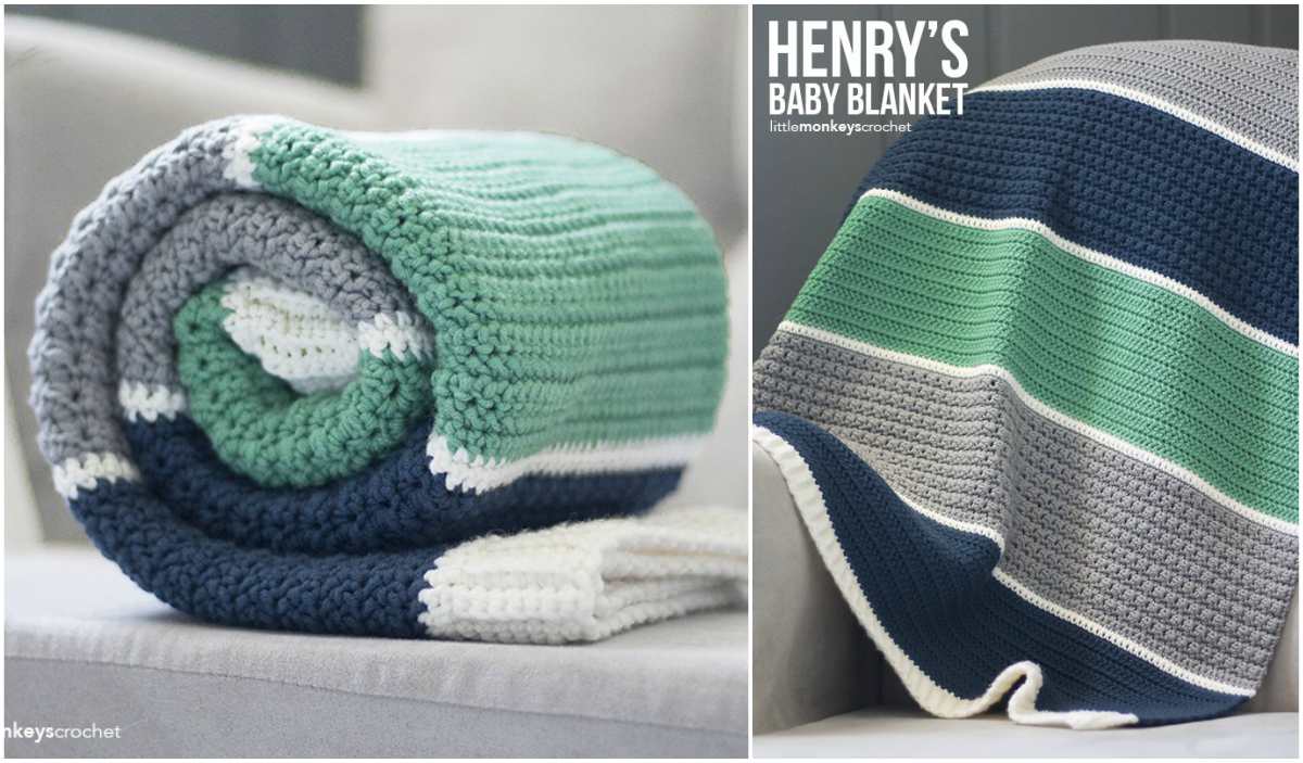 Two baby blankets, crocheted with love, are folded and draped over furniture. They showcase striped patterns in green, blue, gray, and white tones. Text reads "Henry's Baby Blanket." Discover the free crochet pattern to create your own cozy masterpiece.