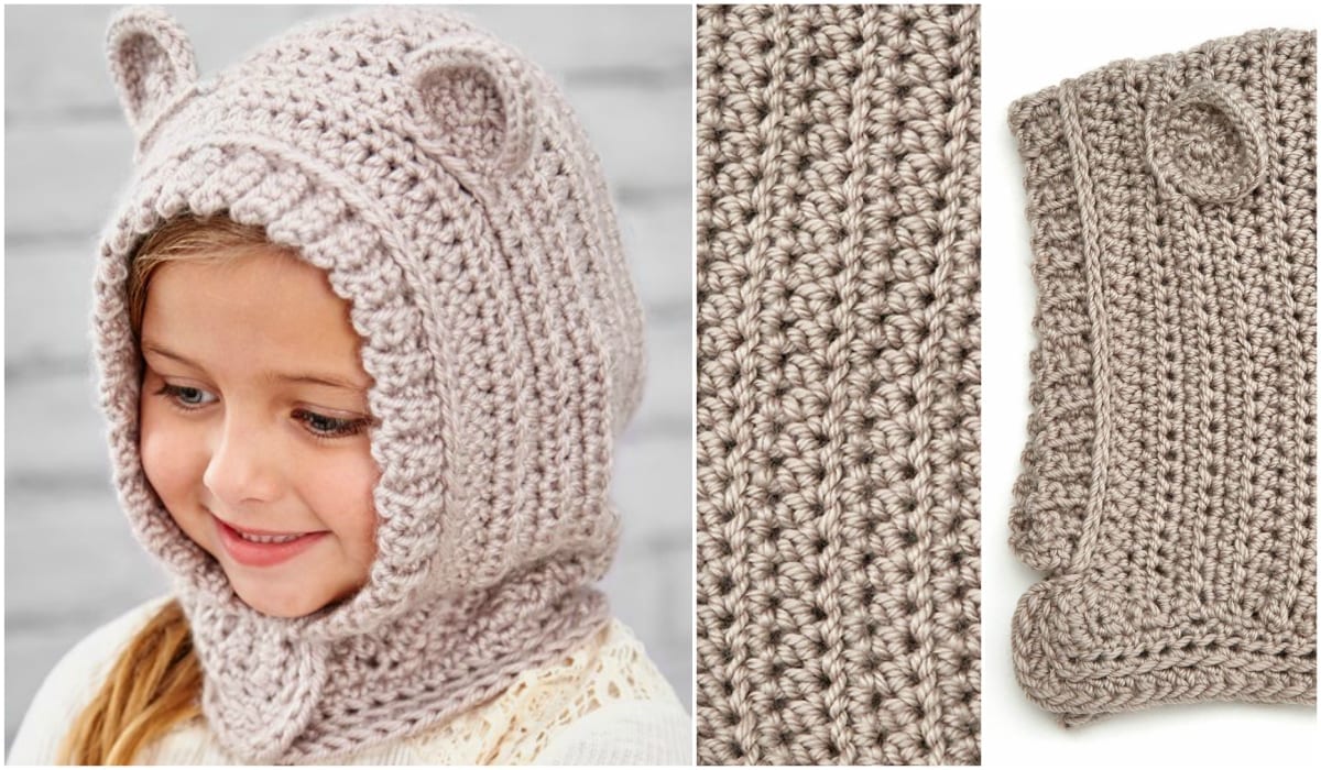 Child wearing a crochet bear-themed Happy Hoodie; close-up of textured stitches; full view of the hood laying flat.