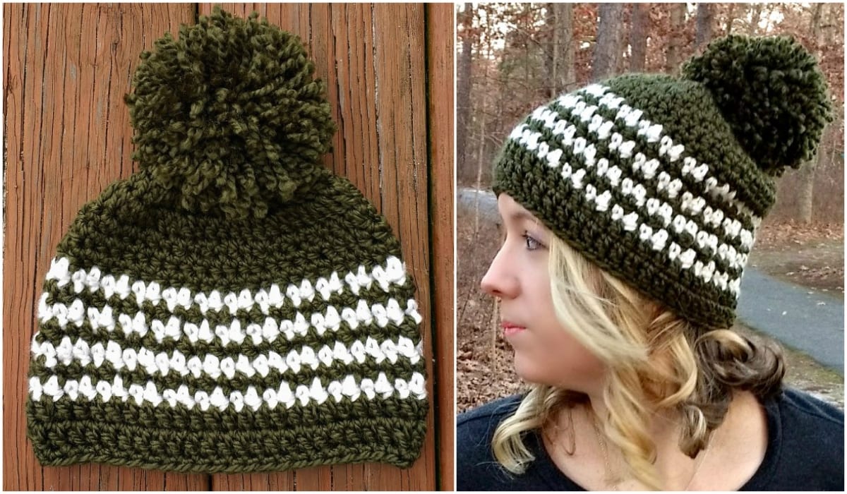 Two pictures of a woman wearing a green and white striped hat.