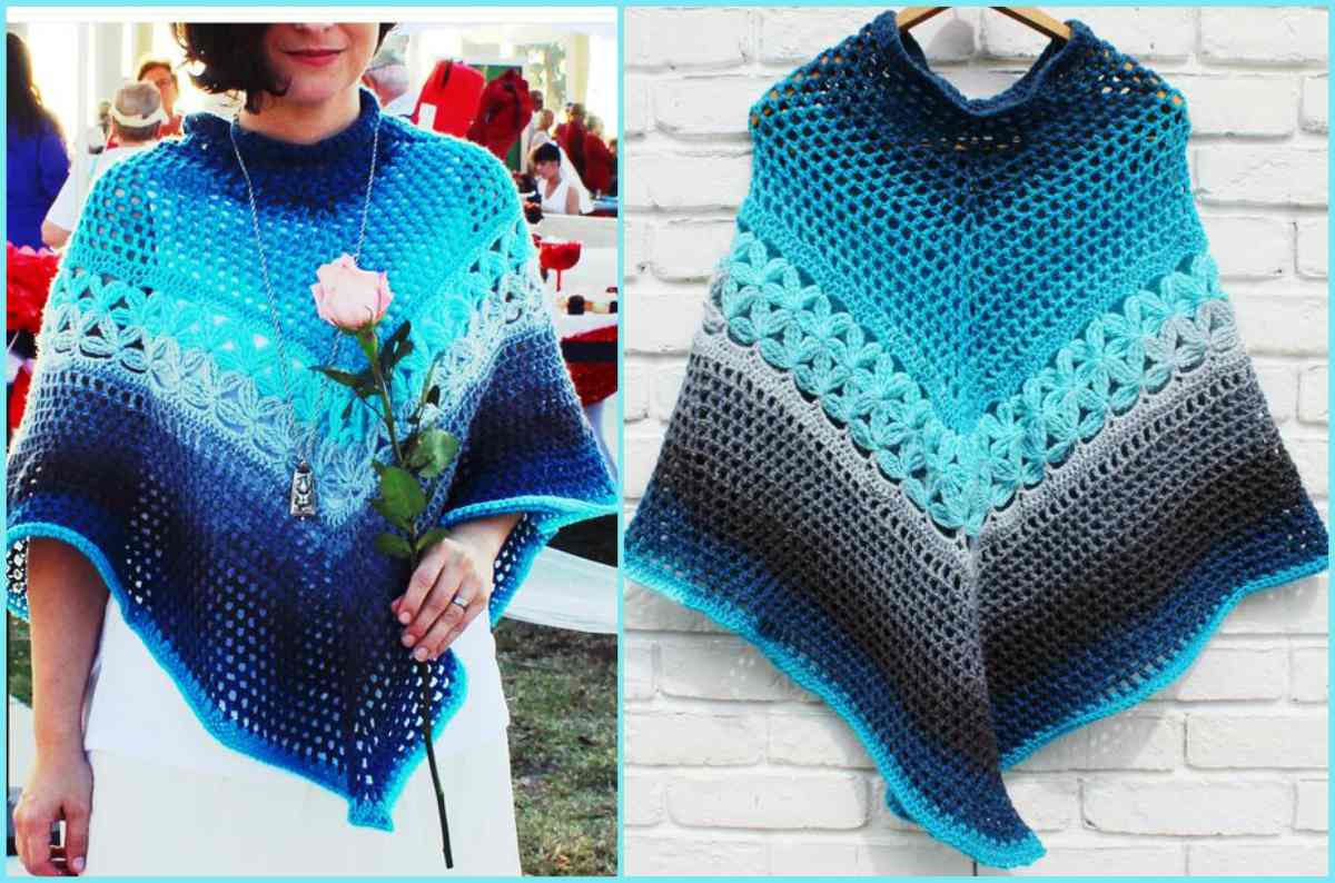 Side-by-side images showcase a person wearing and displaying a blue and gray crocheted poncho with intricate crochet patterns, featuring the rich textures of Mandala Yarn.