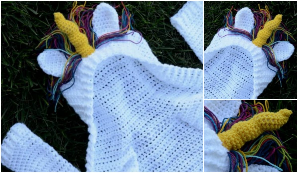 A crocheted white unicorn blanket featuring a yellow, multicolored horn and mane is displayed on grass. Close-up views reveal intricate stitching akin to an amigurumi cat design. Explore this enchanting creation with a free crochet pattern highlighting its colorful details.