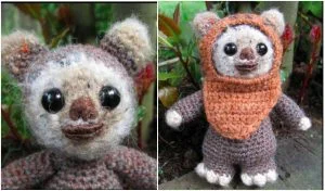 Handmade amigurumi crochet animal figure with large eyes and a brown hood, reminiscent of an Ewok. Close-up on the left and full figure on the right, set against a serene garden backdrop.