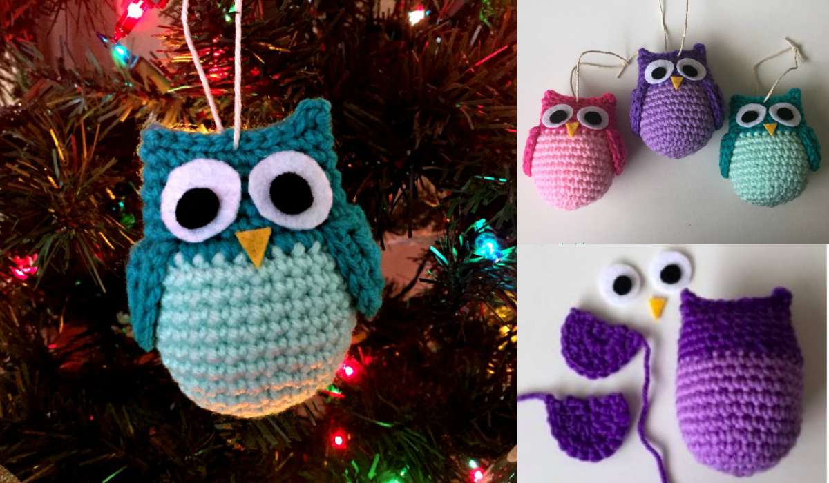 Crocheted owl ornaments, crafted using a free crochet pattern, adorn the Christmas tree in vibrant colors. Additional owls and intricate crochet pieces are beautifully displayed alongside.