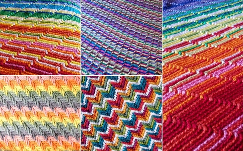 Collage of five colorful crochet patterns with zigzag designs in various vibrant colors, featuring the renowned Apache Tears technique.