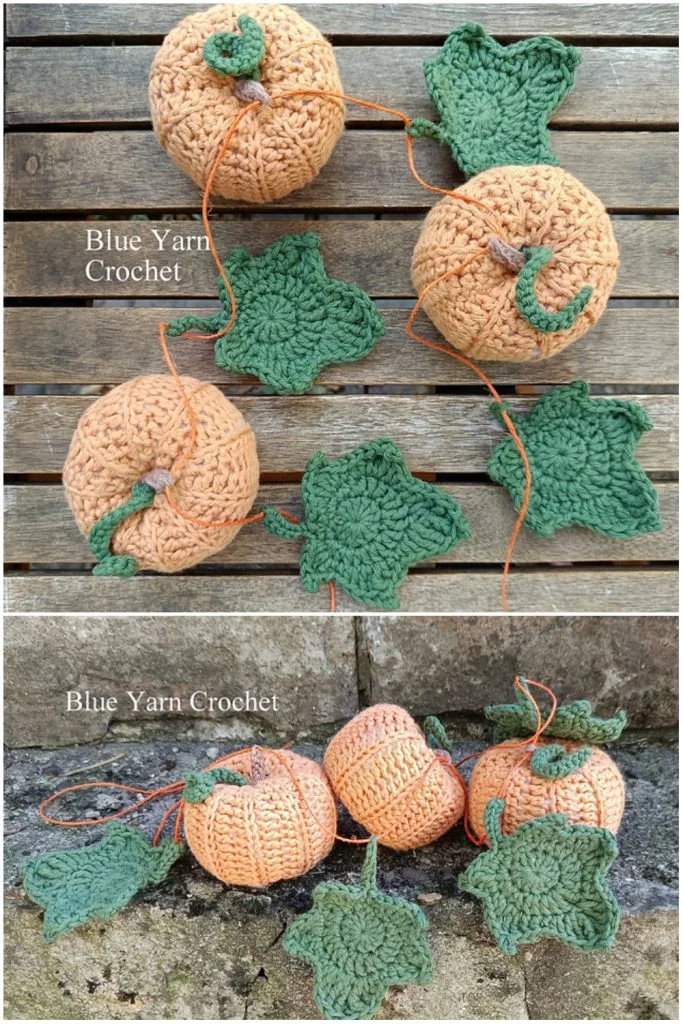 Crocheted orange pumpkins with green leaves and stems are displayed on wood and stone surfaces, creating charming crochet decorations for fall. The text โBlue Yarn Crochetโ appears on both photos.