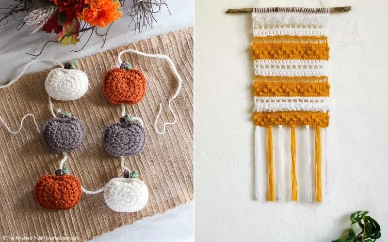 Crochet decorations for fall include a charming garland featuring orange, white, and gray pumpkin shapes on burlap cloth, paired with a woven wall hanging in vibrant yellow, white, and orange patterns on the right.