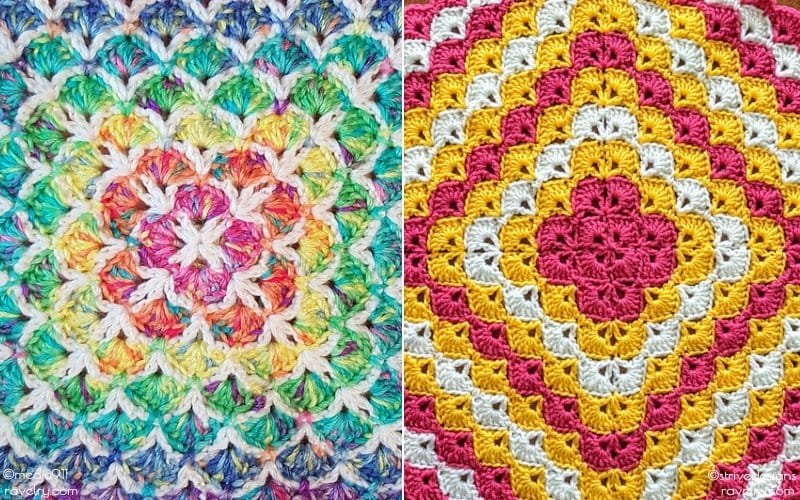 Two colorful crochet patterns captivate the eye; the left showcases a textured multicolor design, reminiscent of a shell stitch blanket, while the right displays a striking geometric pattern in pink, yellow, and white.