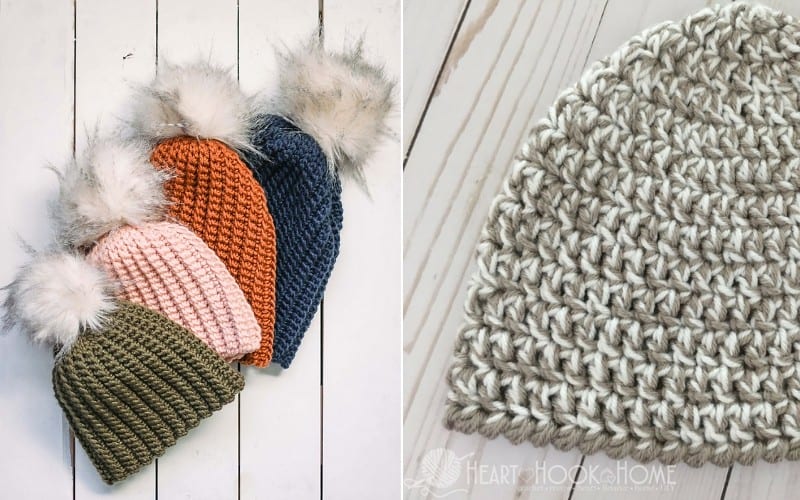 Four knitted beanies with fur pom-poms in olive, pink, orange, and blue sit next to a chunky knit gray hat on a white surface.