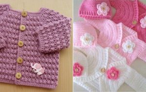 Elegant crocheted baby cardigans and hats: one in purple with wooden buttons and an elephant applique, the other a charming pink and white set adorned with flower embellishments. Perfect creations from free crochet patterns that add a touch of warmth and style to your little one's wardrobe.