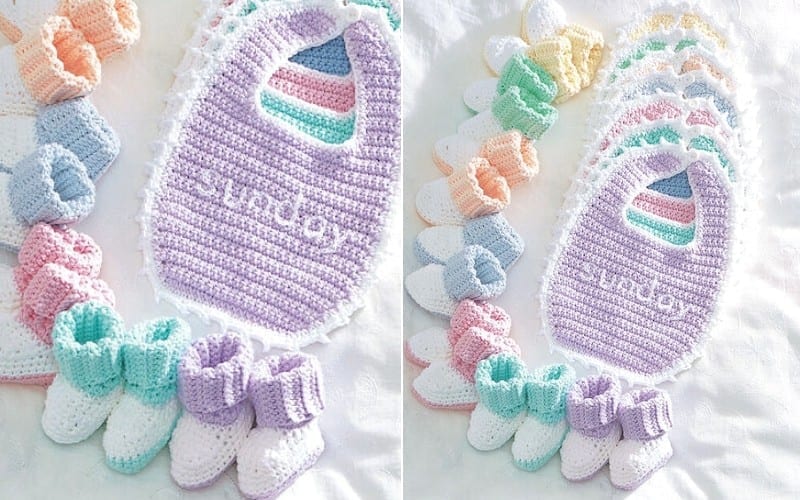 Adorable crocheted baby bibs labeled with days of the week and matching booties in pastel hues are elegantly arranged on a white surface. Explore free crochet patterns to craft your own charming collection of baby bibs and booties.