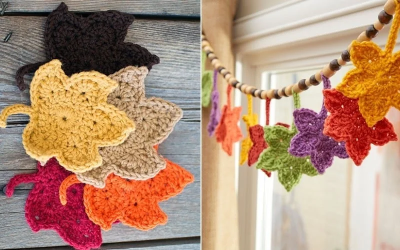 Crocheted autumn leaves elegantly displayed on a wooden surface and strung as a colorful garland by the window, offering charming fall crochet ideas.