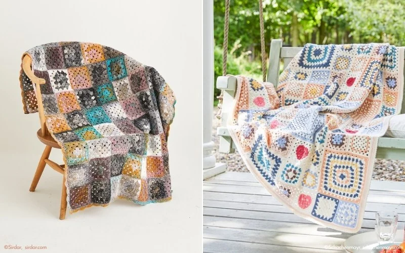 Two granny square blankets with colorful geometric patterns draped over chairs. The left blanket is in warm tones, while the right features pastel colors.