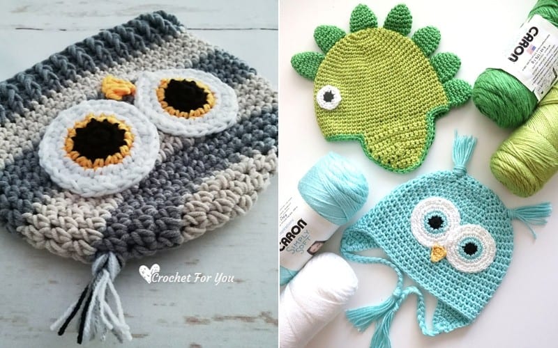 Crochet creations: a gray owl pouch, a green dinosaur mat, and a turquoise owl hat crafted from free crochet patterns, with colorful yarn spools nearby.