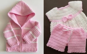Discover adorable baby clothes with two crocheted outfits: a pink hooded cardigan with white stripes and a charming white and pink shorts set featuring a bow. Find inspiration in every stitch of these crochet patterns, perfect for crafting delightful keepsakes.