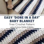 Quick 'Done in a Day' Baby Blanket with beige, white, and dark blue stripes; features a teddy bear on the side. Free crochet pattern by Dabbles & Babbles. Perfect for creating cozy, quick baby blankets effortlessly!