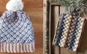 A knitted gray hat with a pom-pom rests alongside a multicolored knit scarf on a wooden surface, both showcasing intricate Celtic Weave designs.