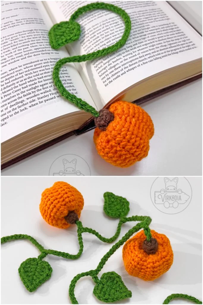 Two photos show crocheted bookmarks shaped like pumpkins with green stems and leaves, one placed in an open book and the other displayed on a white surfaceโperfect crochet decorations for fall that add a touch of seasonal charm to your reading experience.