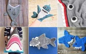 Collage of crochet shark-themed items, including mittens, stuffed toys, and a shark hat, alongside a blanket with varying designs and textures on different backgrounds.