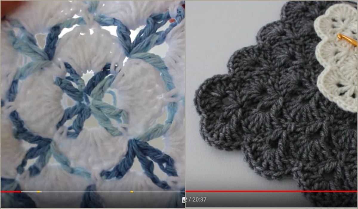 Two crochet samples: one with white and blue yarn, and the other with dark gray and white yarn, resemble a beautiful Shells Stitch Blanket. They're accompanied by a crochet hook for those eager to follow video tutorials or explore new crochet patterns.