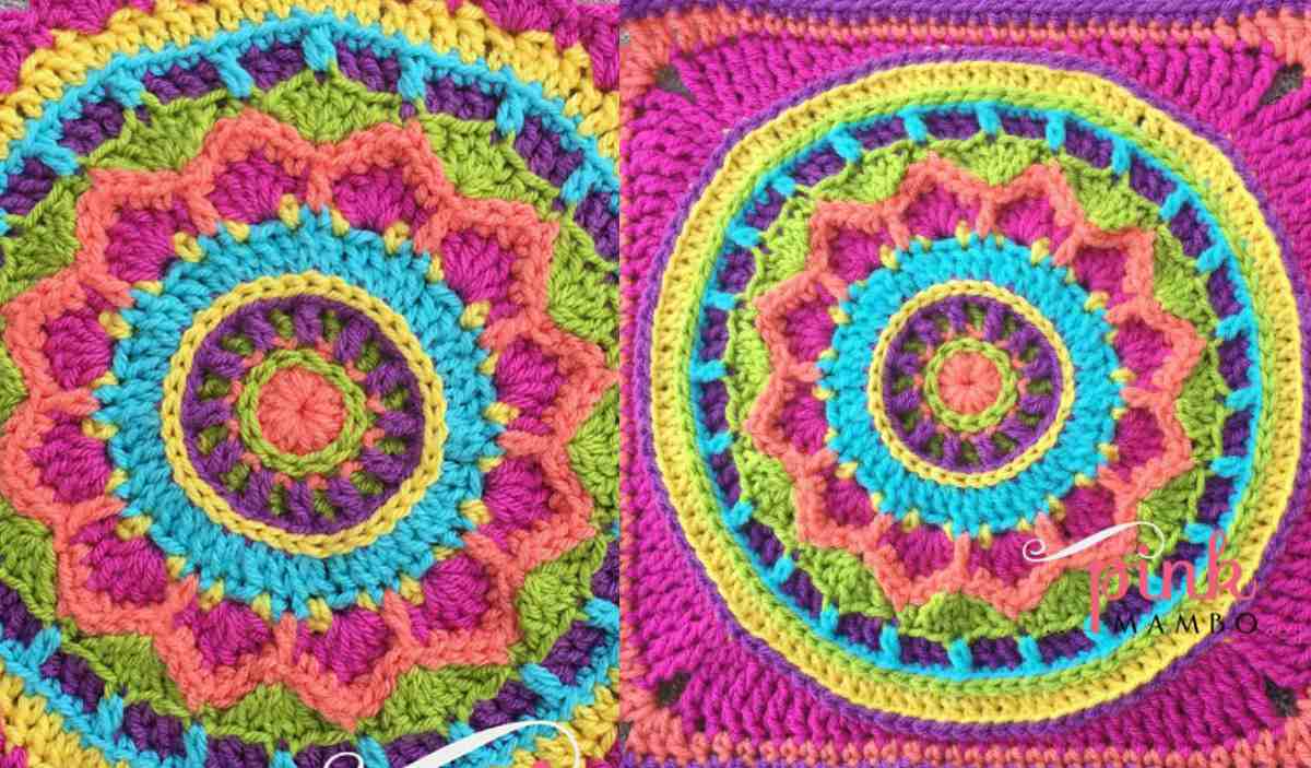 Two colorful, intricately crocheted dream circles featuring patterns in pink, green, blue, orange, and yellow against a textured background.