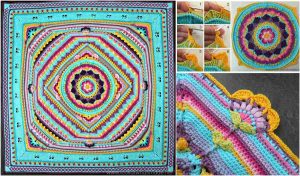 Colorful crocheted blanket with intricate geometric patterns inspired by Sophie's Universe Afghan. Inset images provide close-up views of crochet stitches and a step-by-step tutorial, offering a free pattern for enthusiasts.