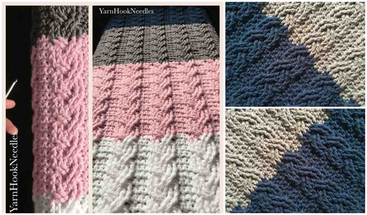 A crochet blanket featuring vertical stripes in pink, gray, blue, and white yarn, crafted with intricate cable stitch detailing, shown in close-up.