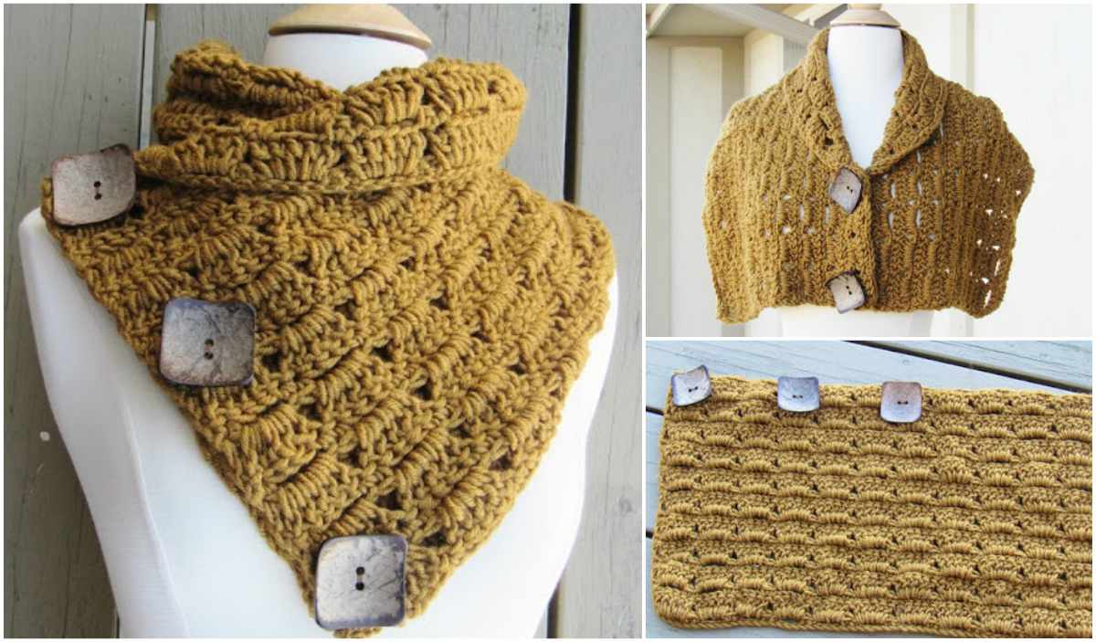 The Alice Button Cowl features a crochet scarf with large buttons, showcased on a mannequin and laid flat, crafted in cozy mustard yellow yarn.