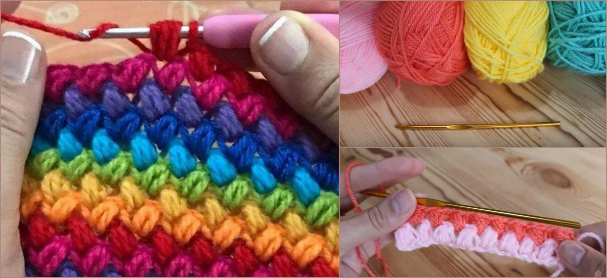 Crocheting a vibrant pattern with a pink hook, using yarn skeins in red, yellow, teal, and pink alongside a gold hook. Hands craft a pink design effortlessly with the Easy Bean Stitch—a free crochet pattern that’s as delightful as it is simple.