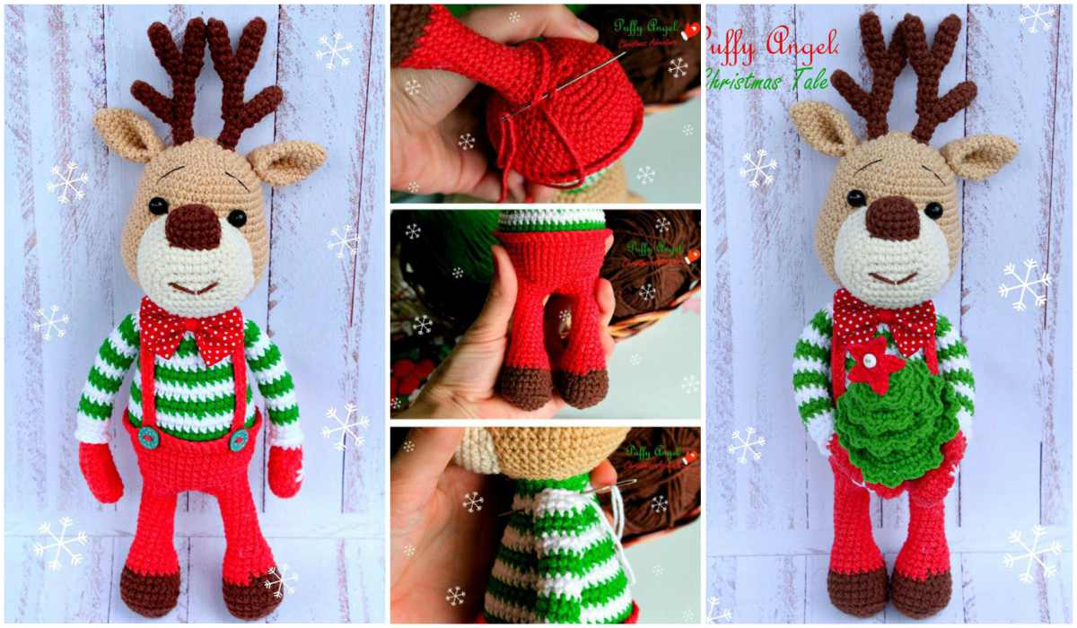 Amigurumi reindeer doll in a festive red and green outfit with DIY assembly steps shown in side images, complete with crochet patterns.