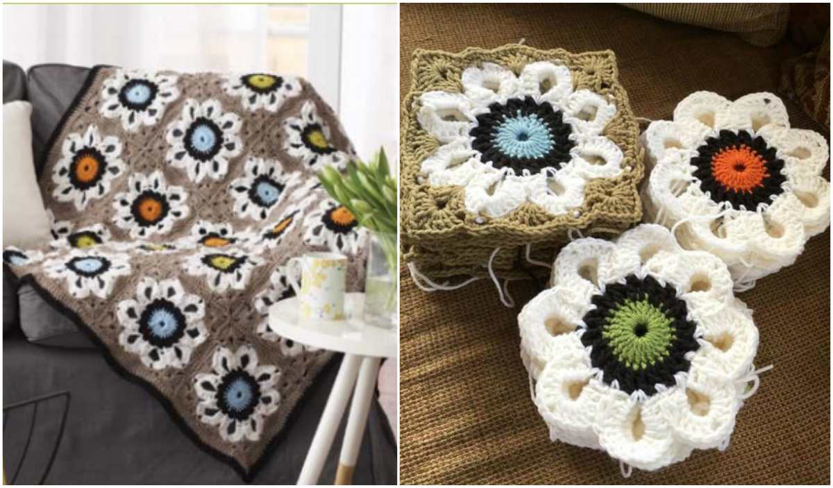 Crochet blanket with white and colored floral patterns adorns a gray couch in the City Solarium, next to separate flower square designs.