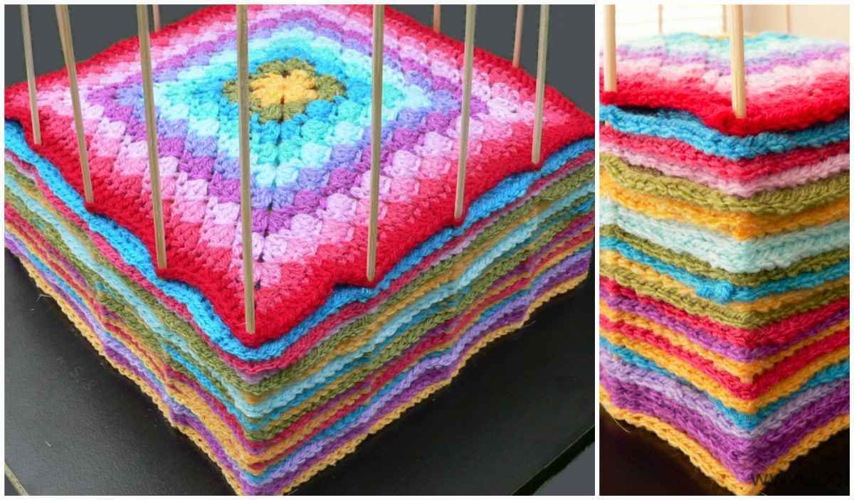 Stacked colorful crochet squares with wooden rods inserted through the center, viewed from above and the side, create a perfect DIY blocking station.