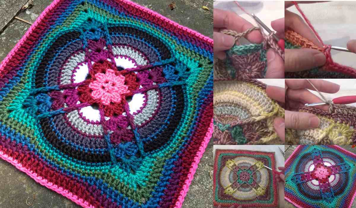 A colorful crochet afghan square with intricate patterns is shown alongside step-by-step images and a video tutorial, demonstrating crochet techniques with a needle and multicolored yarn.