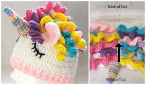 Easy crocheted unicorn beanie with a vibrant rainbow mane and horn; detailed views highlight the front and back. Perfect for crafters looking to follow along with a video tutorial!