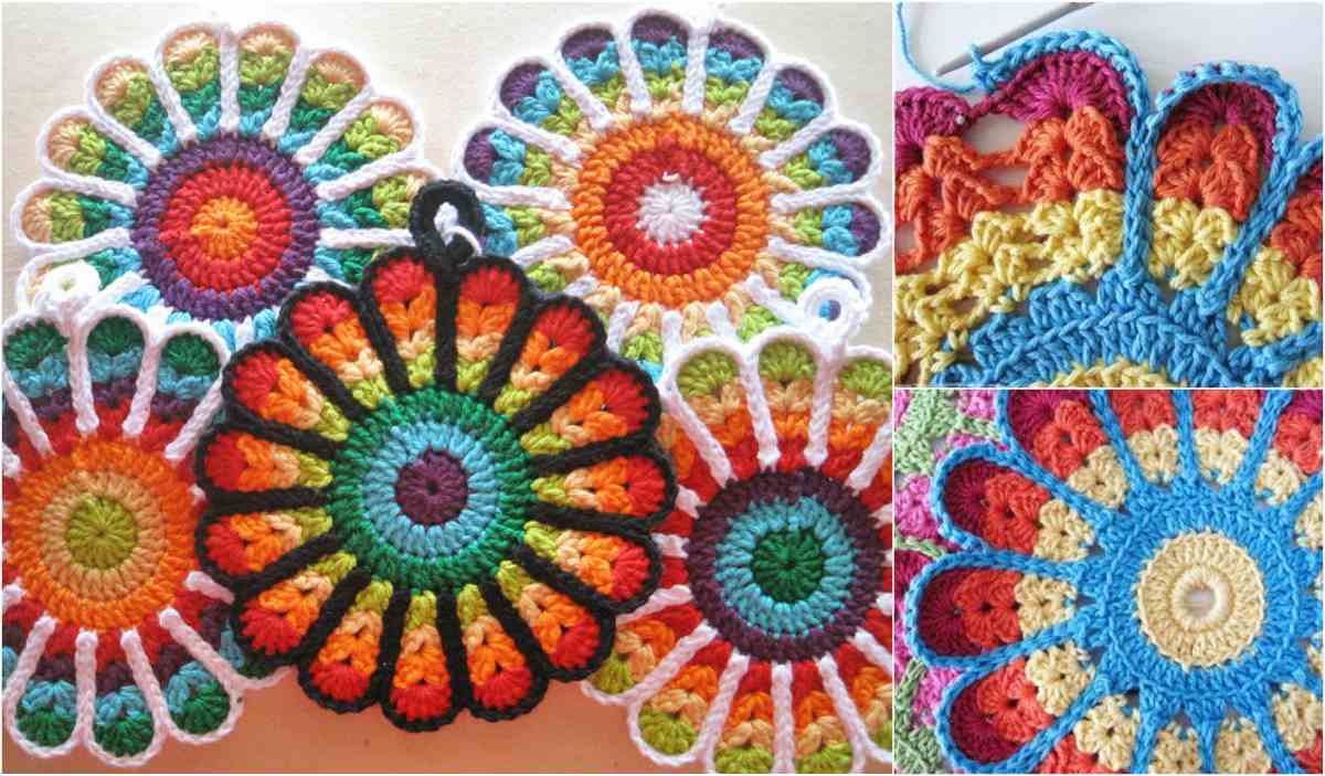 A vibrant display of crochet flowers in diverse patterns, featuring a close-up of a crochet hook skillfully engaged in crafting flower potholders.