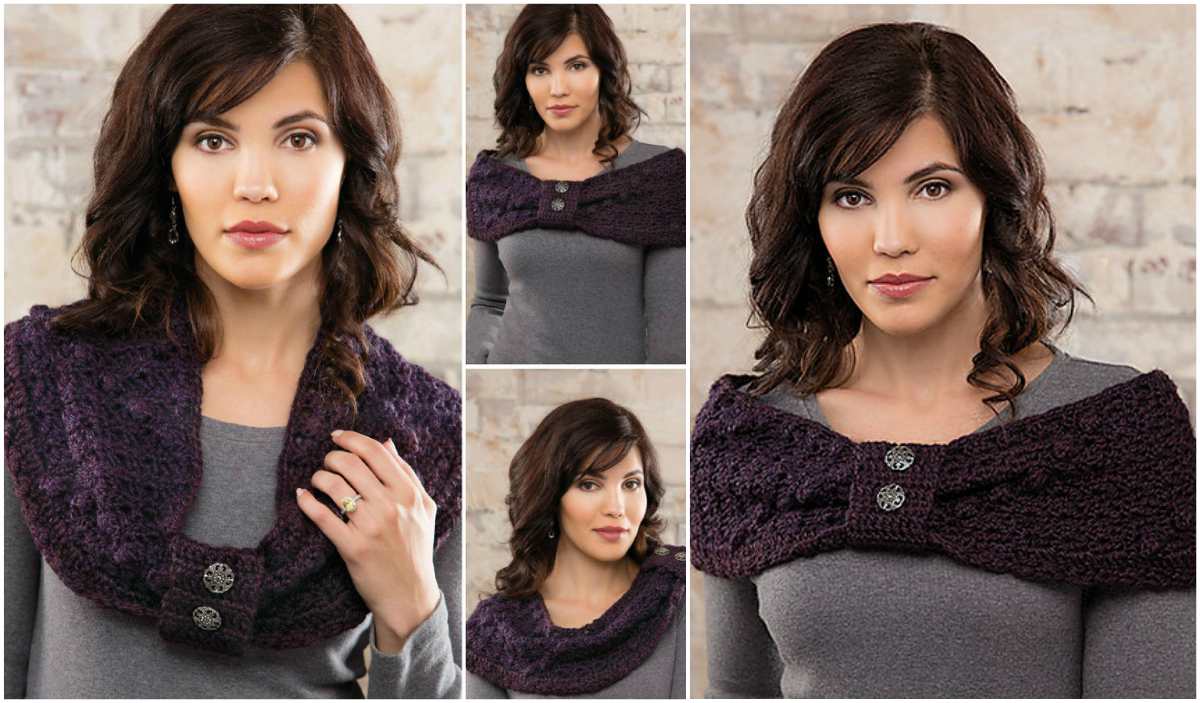 Woman wearing a knitted Huckleberry Infinity Wrap with decorative buttons, shown in four different poses.