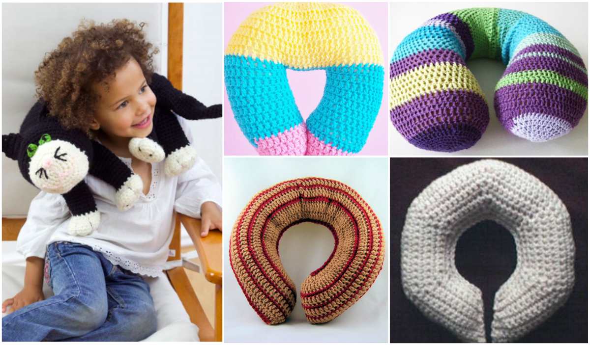 A child wears a cute black and white cat-shaped crochet neck travel pillow. Surrounding images display various neck pillows crafted using free crochet patterns in different colors and charming designs.