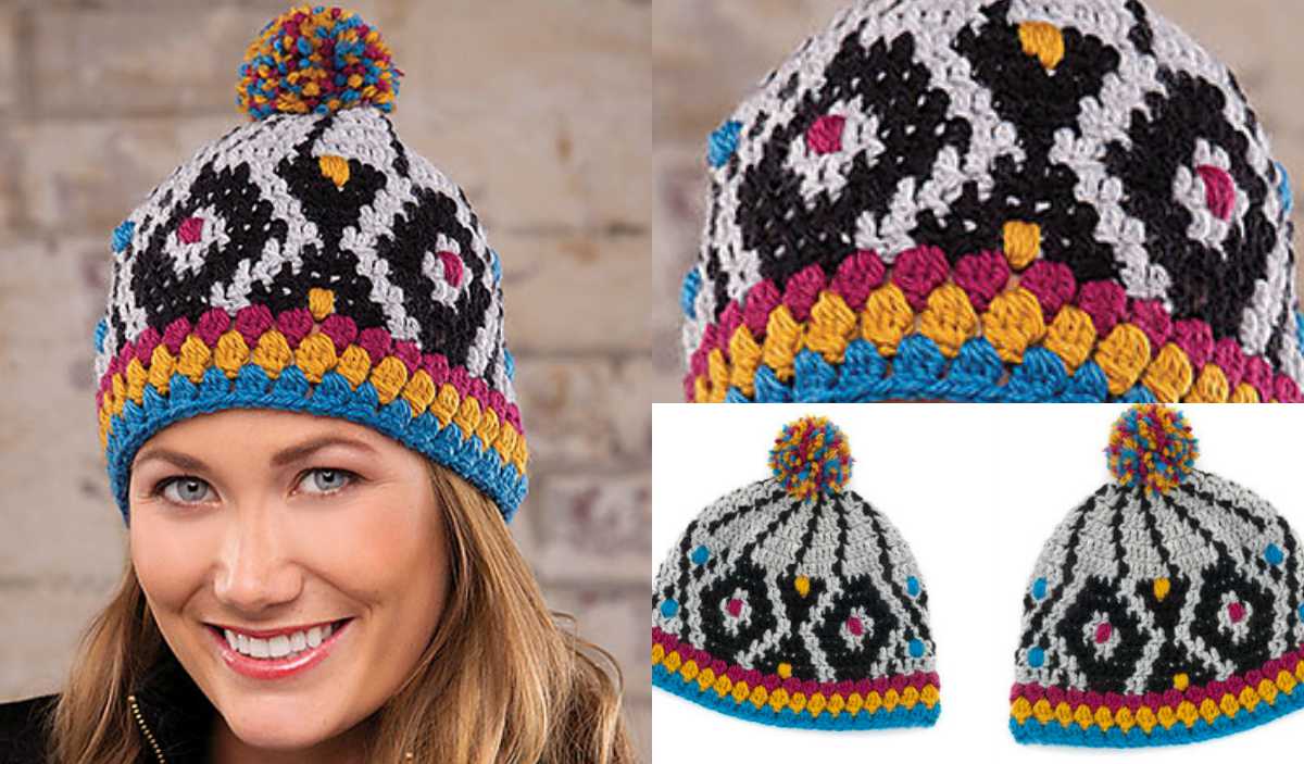 Person smiling, wearing a Mont Blanc Hat featuring vibrant geometric patterns and a playful pom-pom. Additional images highlight both front and back views of this charming accessory.