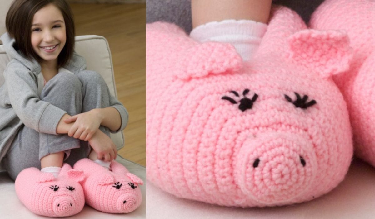 A girl lounges on a couch, her feet snug in piggy slippers adorned with playful snouts and ears. These charming pink creations showcase the intricate details of a crochet pattern.